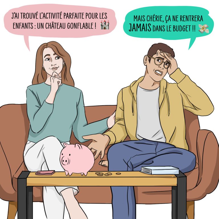 Dessin d'un couple qui grimace après avoir regarder le budget mariage