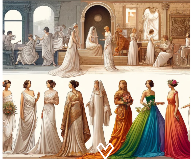 Panorama de robes de mariée historiques et modernes reflétant diverses époques.