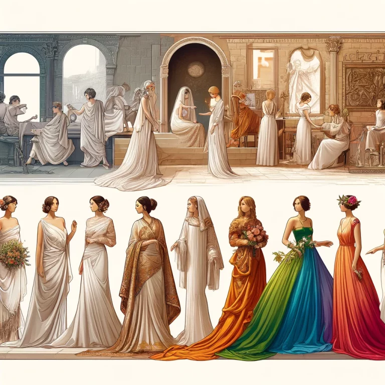 Panorama de robes de mariée historiques et modernes reflétant diverses époques.