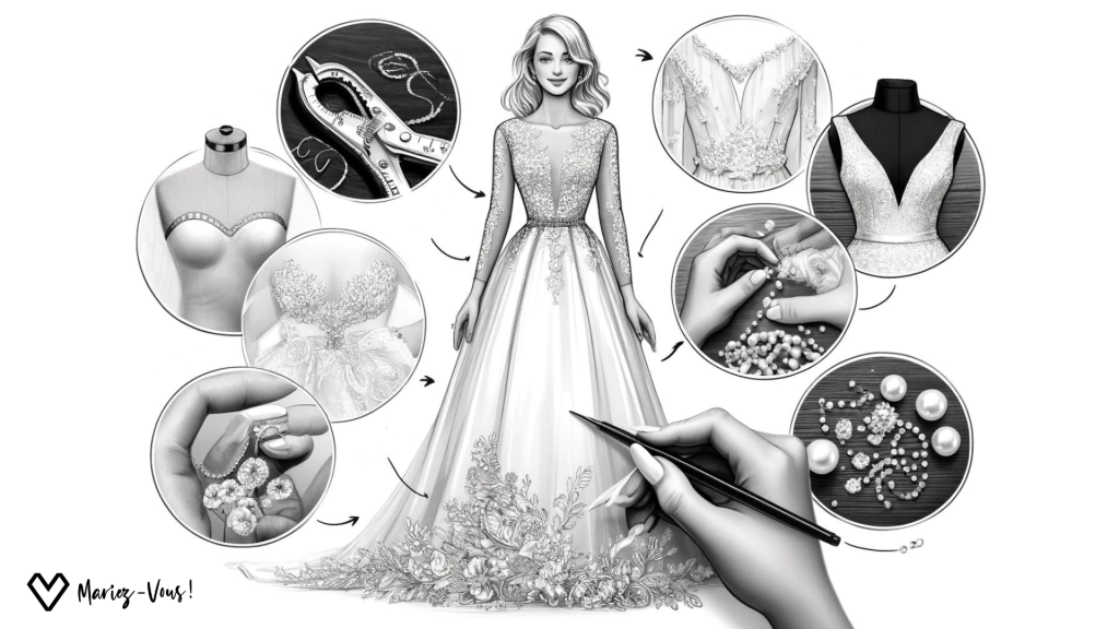 Illustration du processus de création d'une robe de mariée