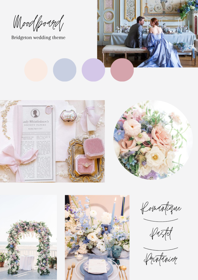 Moodboard pour un mariage sur le thème de Bridgerton avec des éléments de décoration romantiques et des couleurs pastel.
