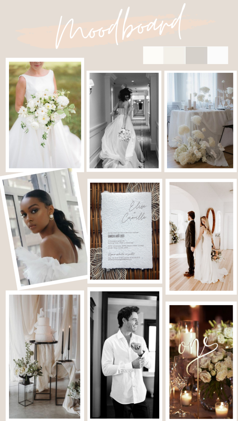 Moodboard de mariage avec inspirations décoratives et vestimentaires