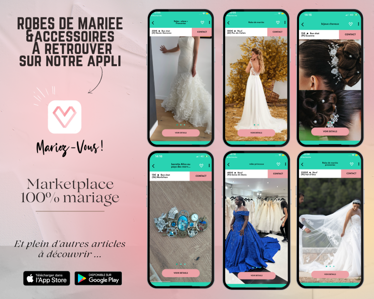 Affiche promotionnelle pour l'application Mariez-Vous!, présentant des robes de mariée et accessoires disponibles sur la marketplace.