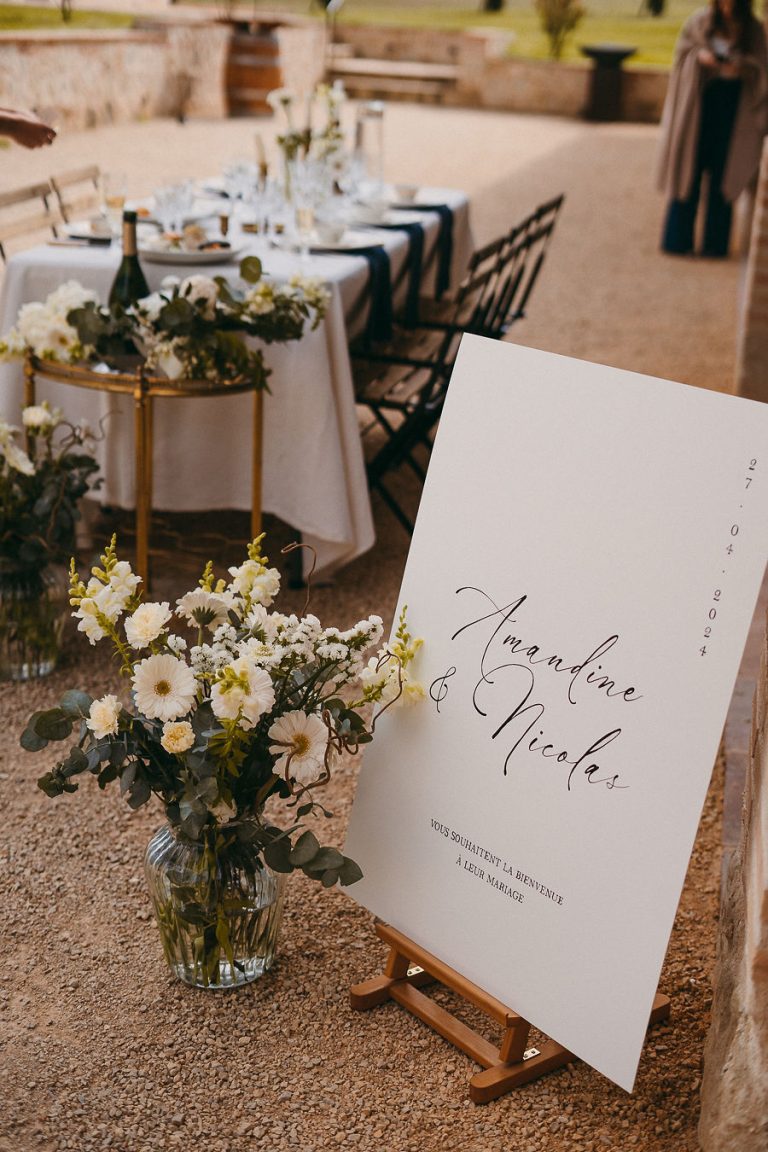 Menu de mariage sur une table décorée avec des fleurs blanches