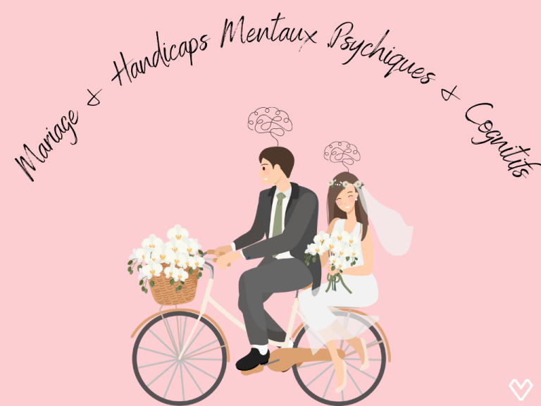 Illustration d'un couple de mariés sur un vélo sous une arche florale, sur fond rose pour un mariage et handicap