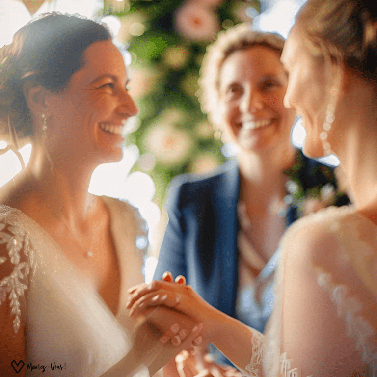 Deux mariées et leur wedding planner souriantes pendant une cérémonie de mariage inclusif.