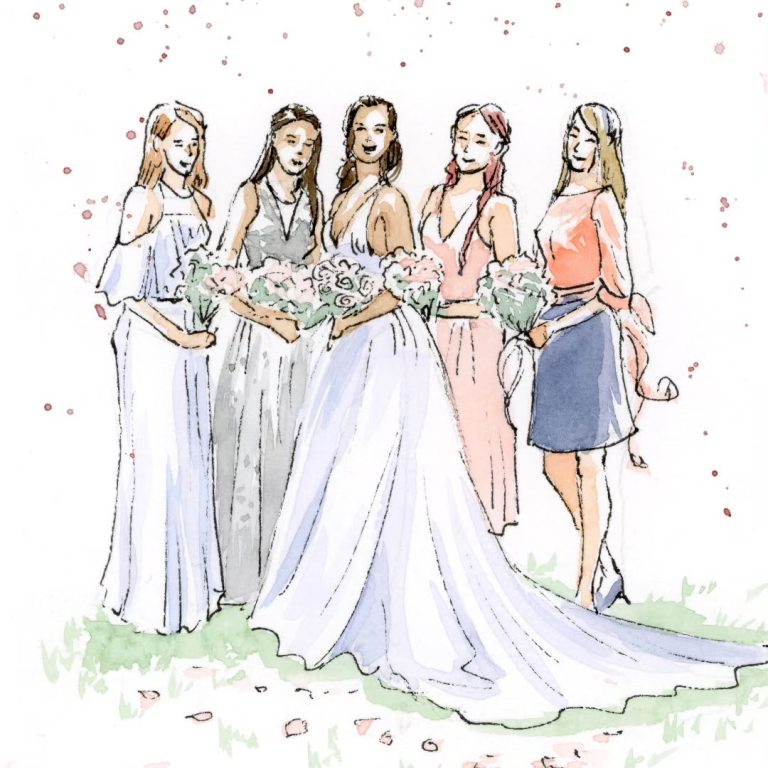 Illustration d'une mariée entourée de ses demoiselles d'honneur tenant des bouquets de fleurs tendances mariage 2025