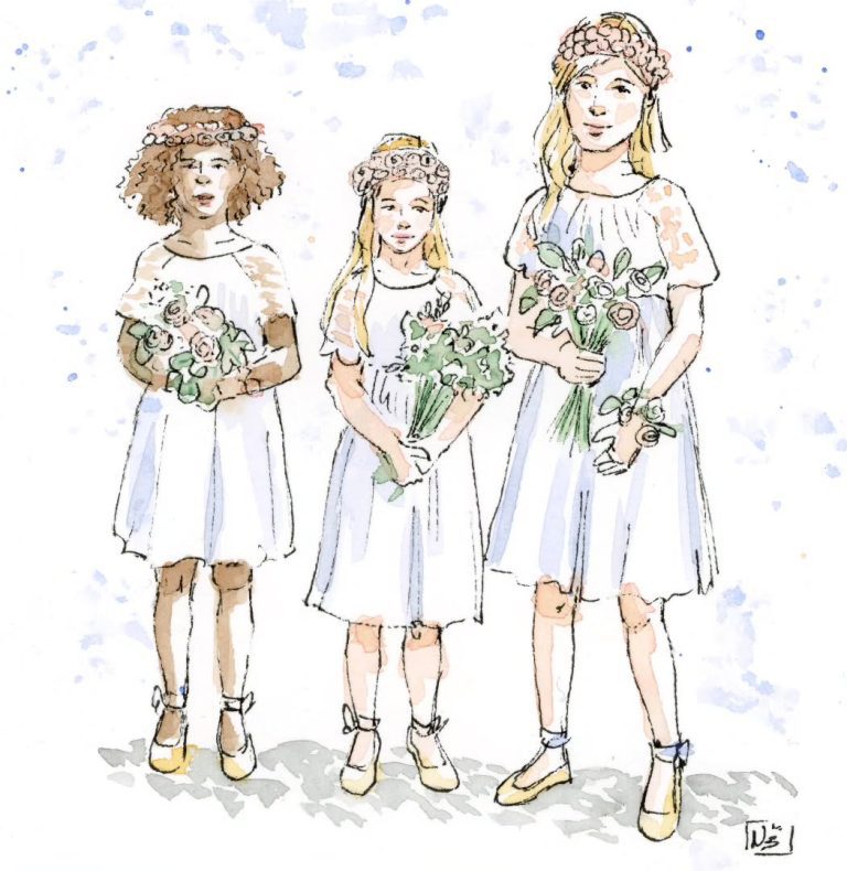 Tendances mariage 2025 Illustration de trois petites filles tenant des bouquets, parfaites pour un rôle d'enfants d'honneur.