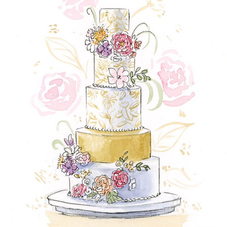 Tendances mariage 2025 Illustration d’un gâteau de mariage à plusieurs étages, décoré de fleurs délicates.