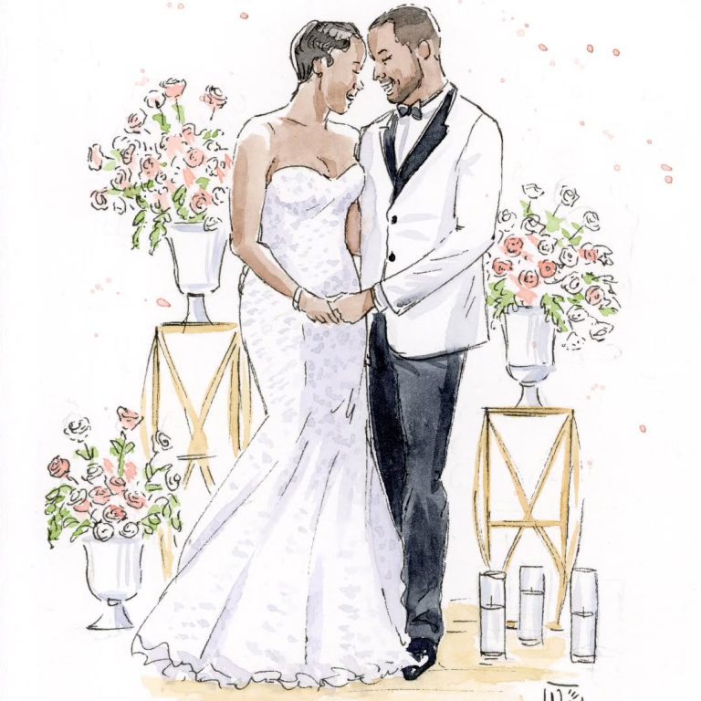 Tendances mariage 2025 Illustration d’un couple marié s’échangeant un regard complice devant une décoration florale élégante.